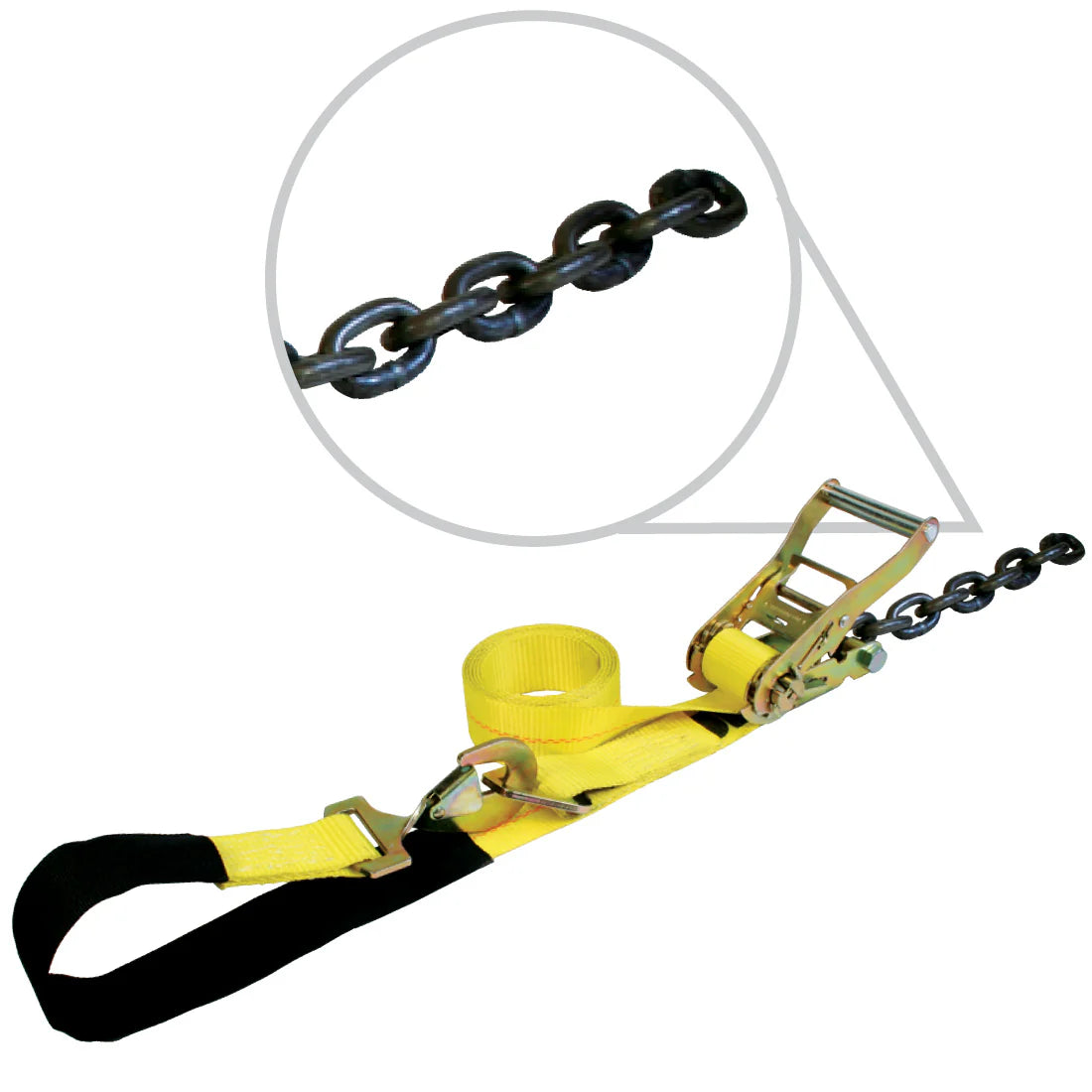 VULCAN 1-Ply Flexible Axle Tie Down Combo Strap with Chain Tail Ratchet - 2 Inch x 114 Inch - Classic Yellow - 3,300 Pound Safe Working Load