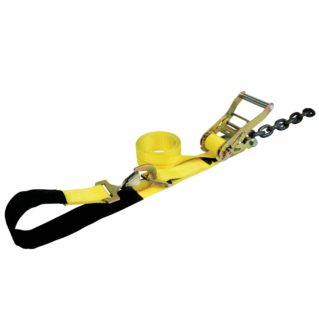 VULCAN 1-Ply Flexible Axle Tie Down Combo Strap with Chain Tail Ratchet - 2 Inch x 114 Inch - Classic Yellow - 3,300 Pound Safe Working Load