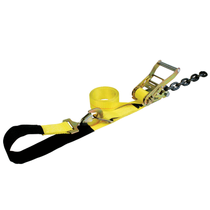 VULCAN 1-Ply Flexible Axle Tie Down Combo Strap with Chain Tail Ratchet - 2 Inch x 114 Inch - Classic Yellow - 3,300 Pound Safe Working Load