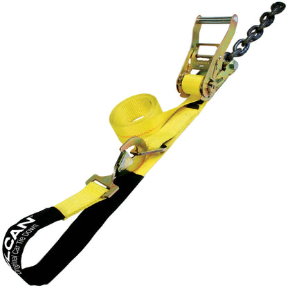 VULCAN 1-Ply Flexible Axle Tie Down Combo Strap with Chain Tail Ratchet - 2 Inch x 114 Inch - Classic Yellow - 3,300 Pound Safe Working Load