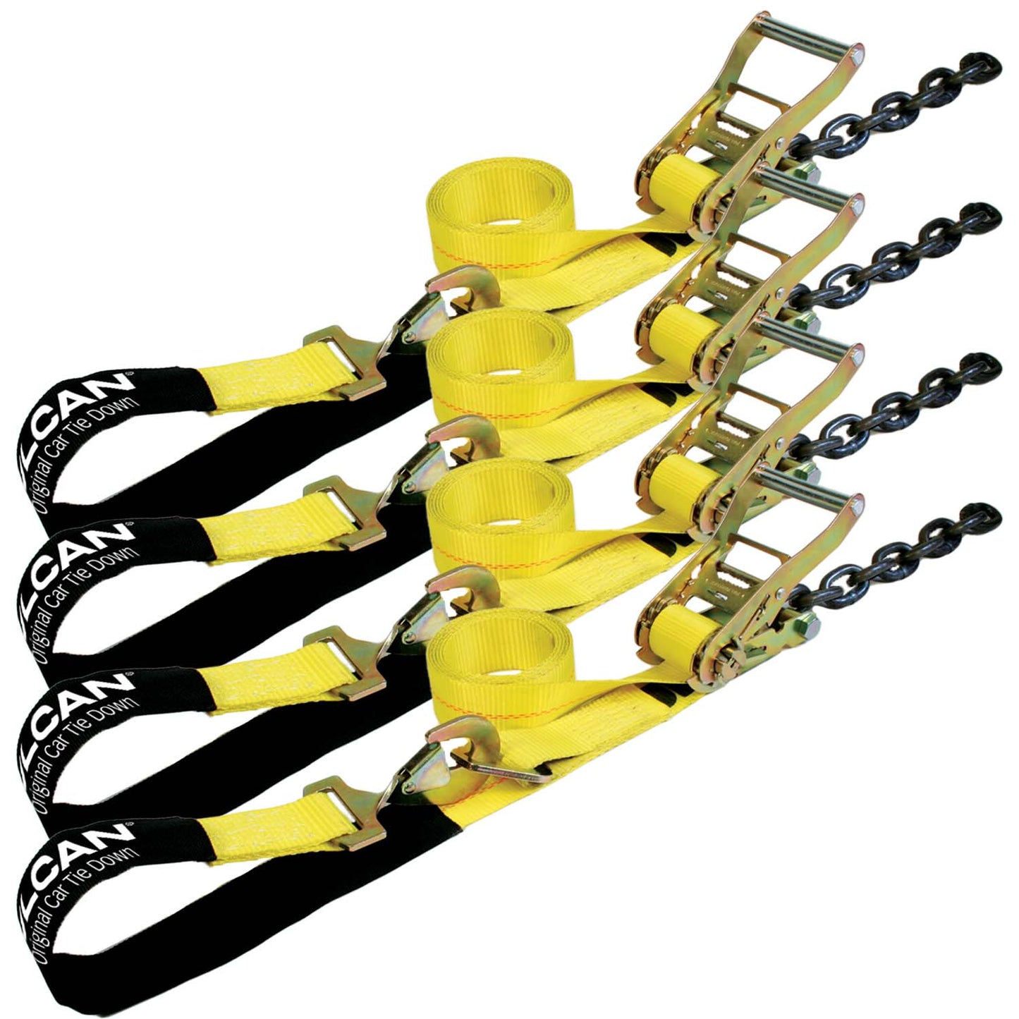 VULCAN 1-Ply Flexible Axle Tie Down Combo Strap with Chain Tail Ratchet - 2 Inch x 114 Inch - Classic Yellow - 3,300 Pound Safe Working Load