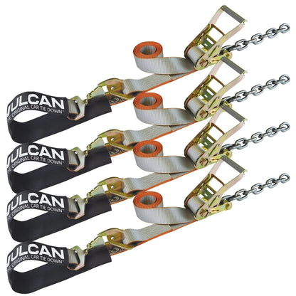 VULCAN 1-Ply Flexible Axle Tie Down Combo Strap with Chain Tail Ratchet - 2 Inch x 114 Inch - Classic Yellow - 3,300 Pound Safe Working Load