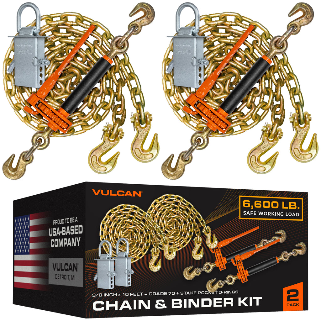 VULCAN Chain, Load Binder, and D Ring Kit - (2) Grade 70 ⅜”x10” Chains, (2) Folding Handle Load Binders, (2) D Rings - 4,700 Pound Safe Working Load