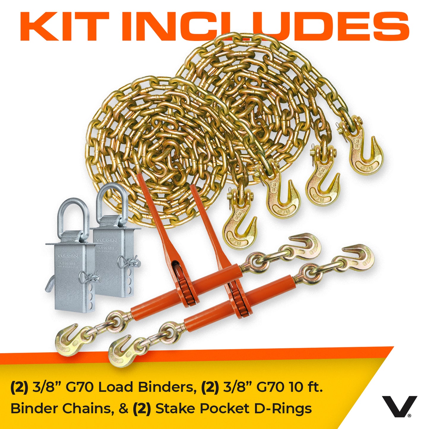 VULCAN Binder Chain, Load Binder, and D Ring Kit - Grade 70 - 3/8 Inch x 10 Foot