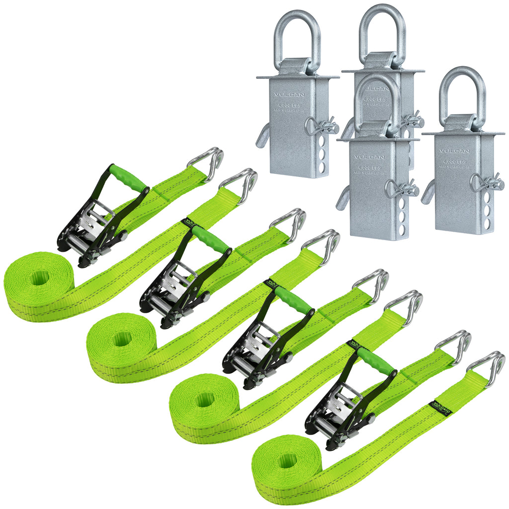 VULCAN Wire Hook Ratchet Strap and Stake Pocket D Ring Kit - 2 Inch x 15 Foot - High-Viz