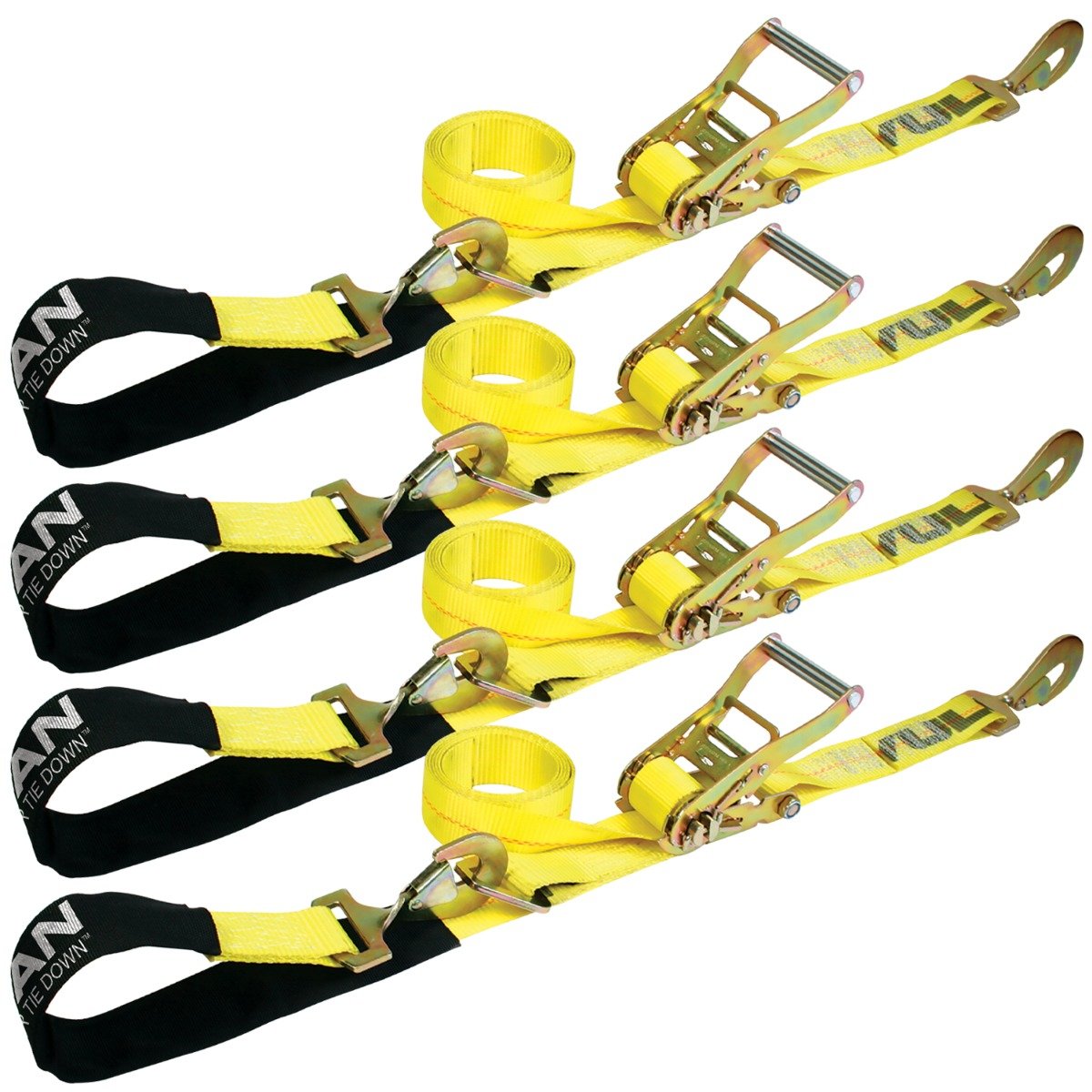 VULCAN 1-Ply Flexible Axle Tie Down Combo Strap with Snap Hook Ratchet - 2 Inch x 114 Inch, 4 Pack - 3,300 Pound Safe Working Load