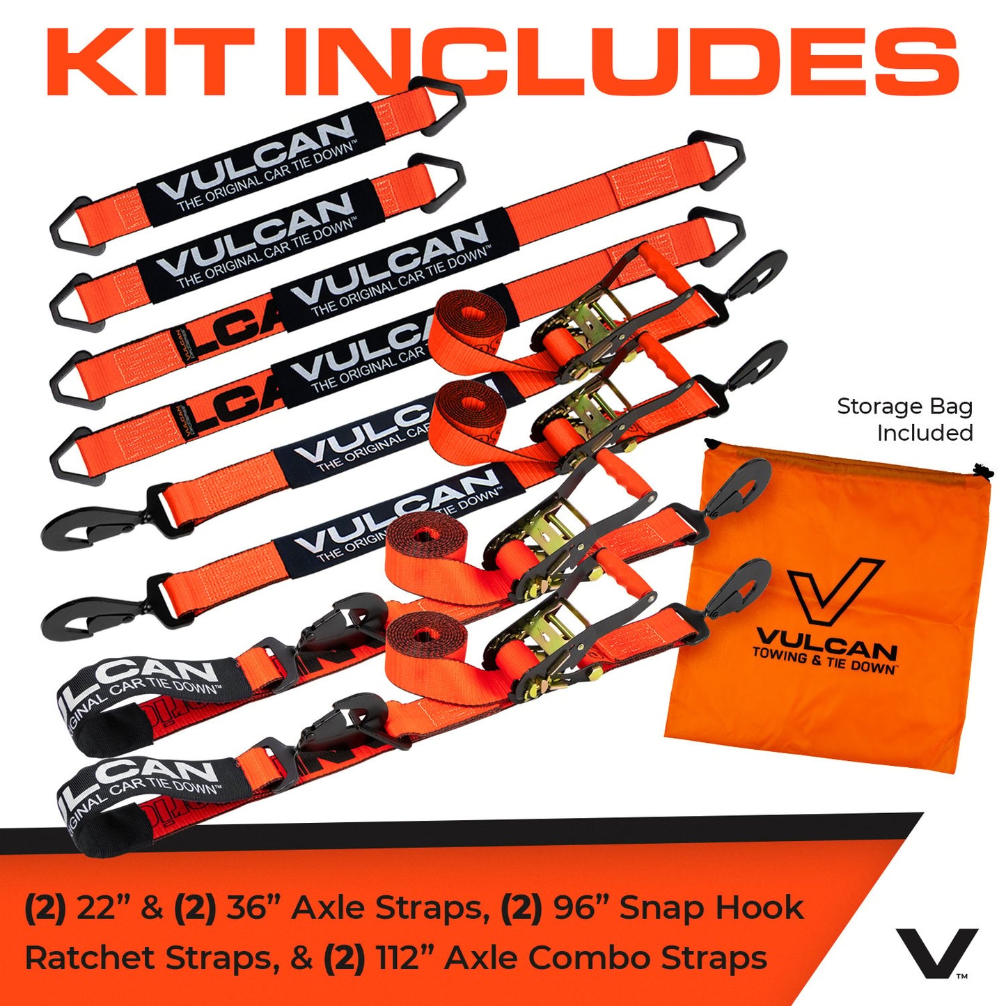 VULCAN Ultimate Axle Tie Down Kits - Include (2) 22 Inch Axle Straps, (2) 36 Inch Axle Straps, (2) 96 Inch Snap Hook Ratchet Straps, and (2) 112 Inch Axle Tie Down Combination Straps