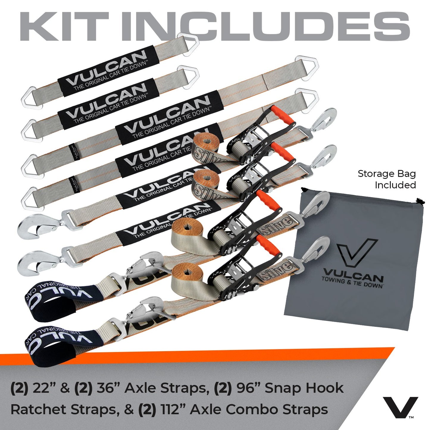 VULCAN Ultimate Axle Tie Down Kits - Include (2) 22 Inch Axle Straps, (2) 36 Inch Axle Straps, (2) 96 Inch Snap Hook Ratchet Straps, and (2) 112 Inch Axle Tie Down Combination Straps