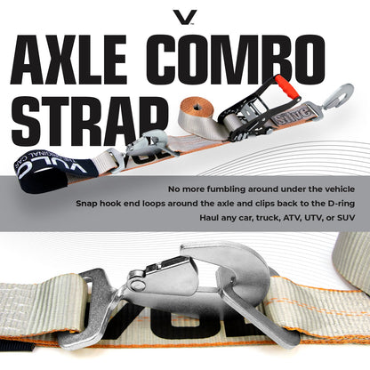 VULCAN Ultimate Axle Tie Down Kits - Include (2) 22 Inch Axle Straps, (2) 36 Inch Axle Straps, (2) 96 Inch Snap Hook Ratchet Straps, and (2) 112 Inch Axle Tie Down Combination Straps