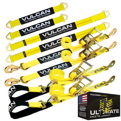 VULCAN Ultimate Axle Tie Down Kits - Include (2) 22 Inch Axle Straps, (2) 36 Inch Axle Straps, (2) 96 Inch Snap Hook Ratchet Straps, and (2) 112 Inch Axle Tie Down Combination Straps