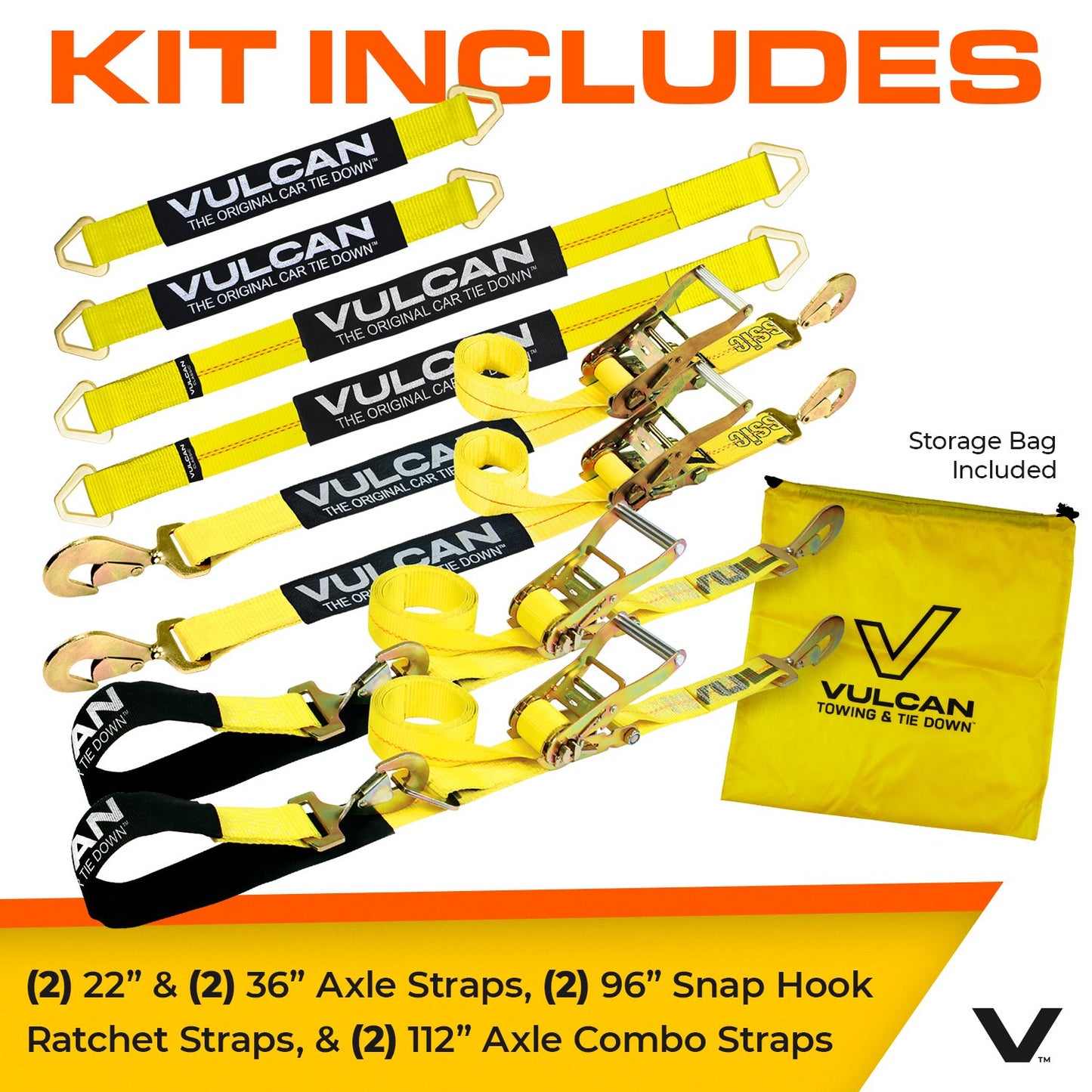 VULCAN Ultimate Axle Tie Down Kits - Include (2) 22 Inch Axle Straps, (2) 36 Inch Axle Straps, (2) 96 Inch Snap Hook Ratchet Straps, and (2) 112 Inch Axle Tie Down Combination Straps