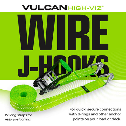 VULCAN Complete Axle Strap Tie Down Kit with Wire Hook Ratchet Straps - High-Viz - Includes (4) 22 Inch Axle Straps, (4) 36 Inch Axle Straps, and (4) 15' Wire J Hook Ratchet Straps