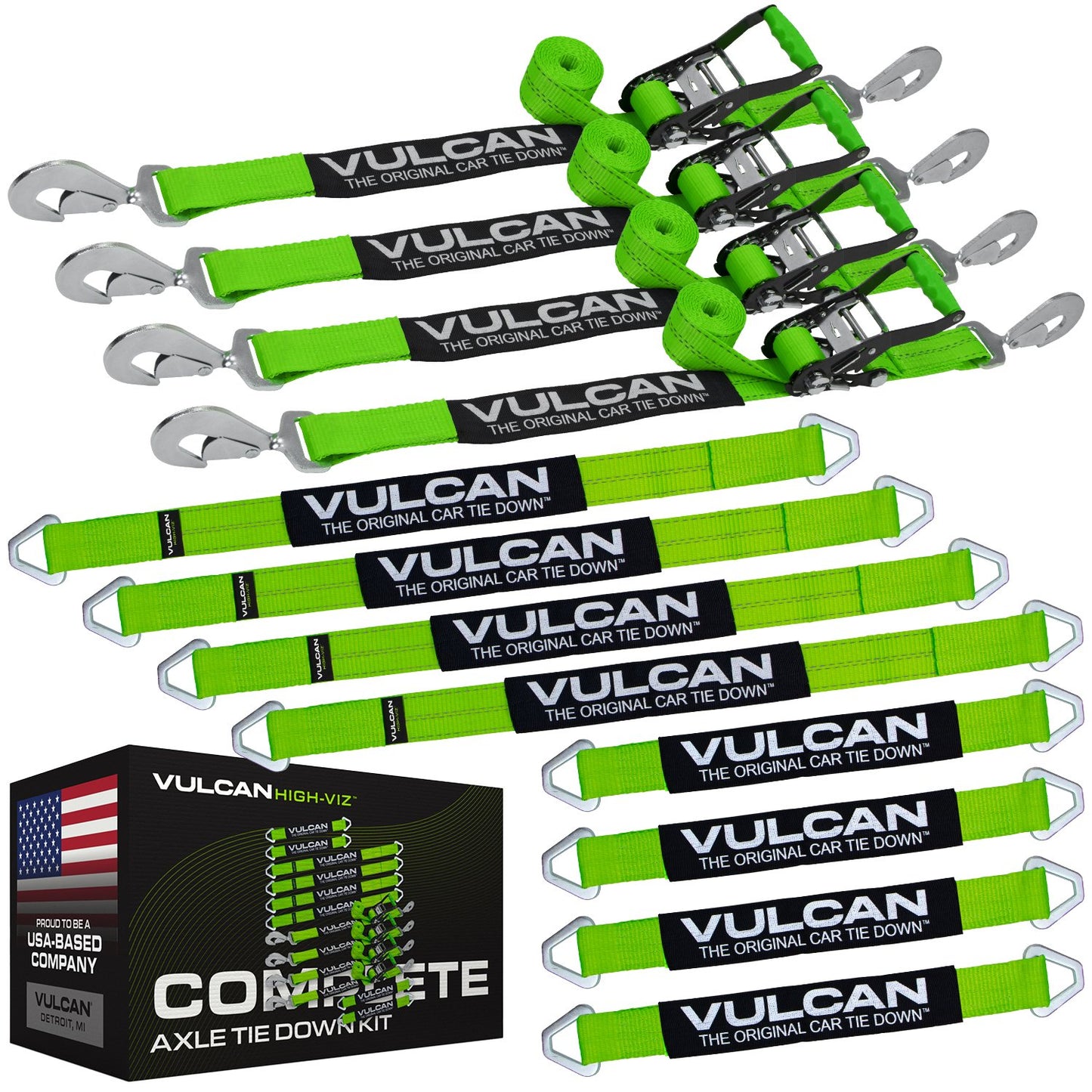 VULCAN Complete Axle Strap Tie Down Kits with Snap Hook Ratchet Straps - Include (4) 22 Inch Axle Straps, (4) 36 Inch Axle Straps, and (4) 8' Snap Hook Ratchet Straps