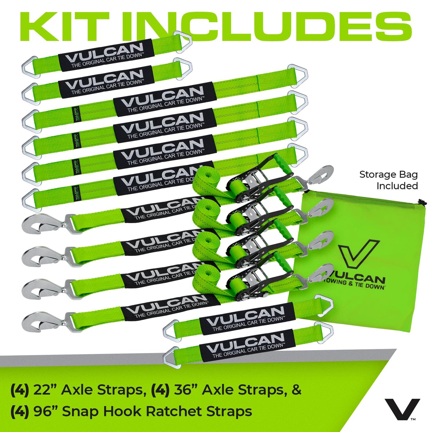 VULCAN Complete Axle Strap Tie Down Kits with Snap Hook Ratchet Straps - Include (4) 22 Inch Axle Straps, (4) 36 Inch Axle Straps, and (4) 8' Snap Hook Ratchet Straps