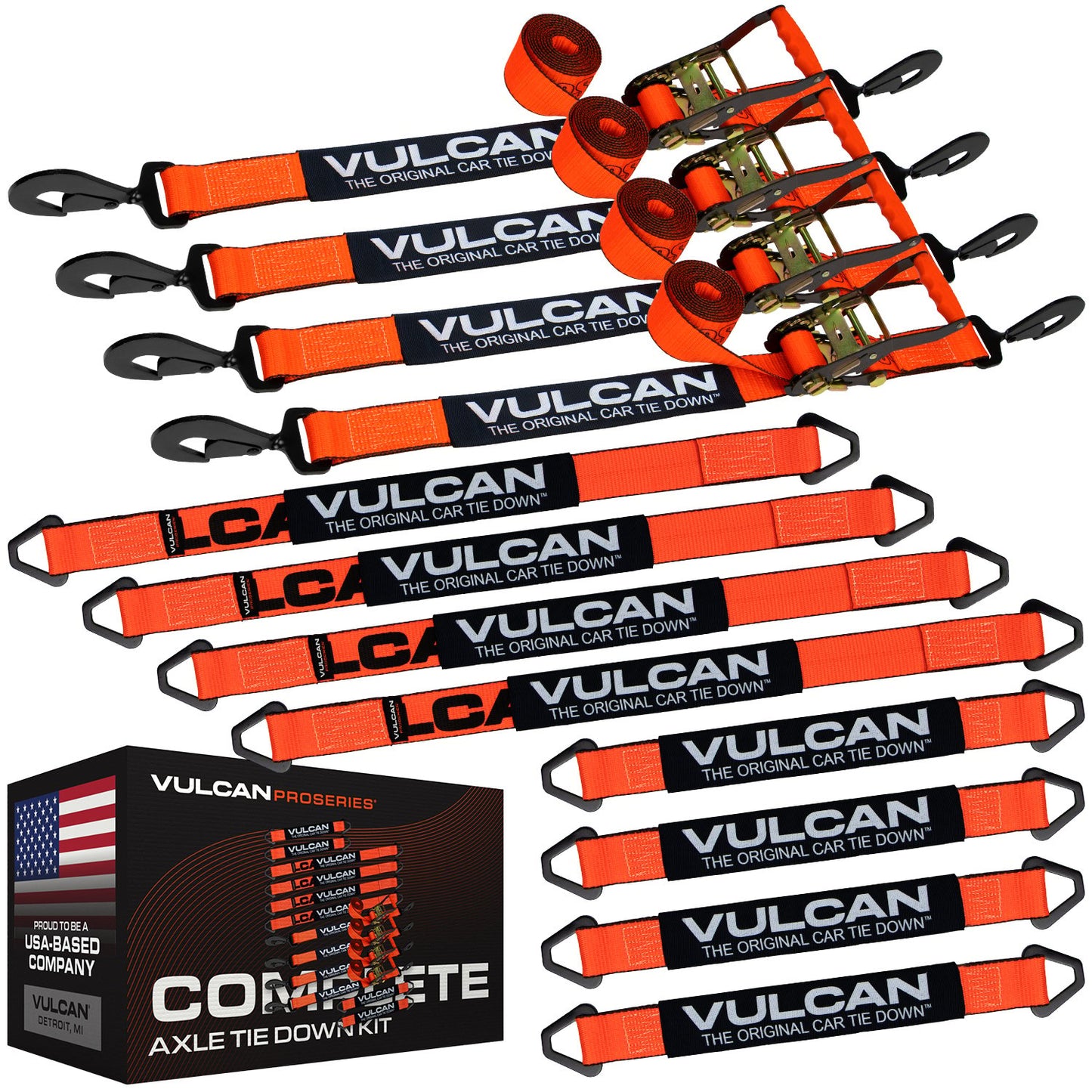 VULCAN Complete Axle Strap Tie Down Kits with Snap Hook Ratchet Straps - Include (4) 22 Inch Axle Straps, (4) 36 Inch Axle Straps, and (4) 8' Snap Hook Ratchet Straps