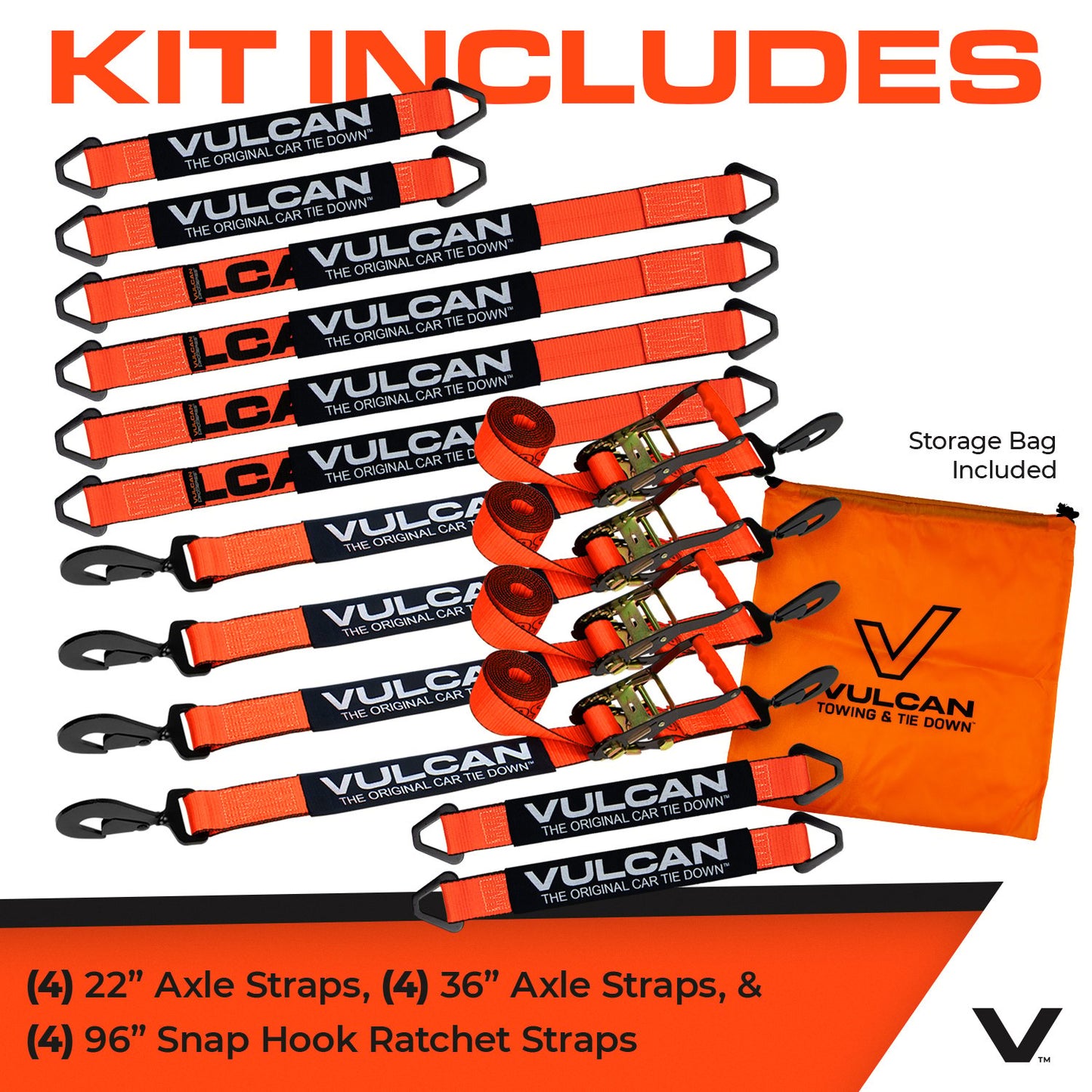 VULCAN Complete Axle Strap Tie Down Kits with Snap Hook Ratchet Straps - Include (4) 22 Inch Axle Straps, (4) 36 Inch Axle Straps, and (4) 8' Snap Hook Ratchet Straps