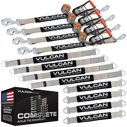 VULCAN Complete Axle Strap Tie Down Kits with Snap Hook Ratchet Straps - Include (4) 22 Inch Axle Straps, (4) 36 Inch Axle Straps, and (4) 8' Snap Hook Ratchet Straps