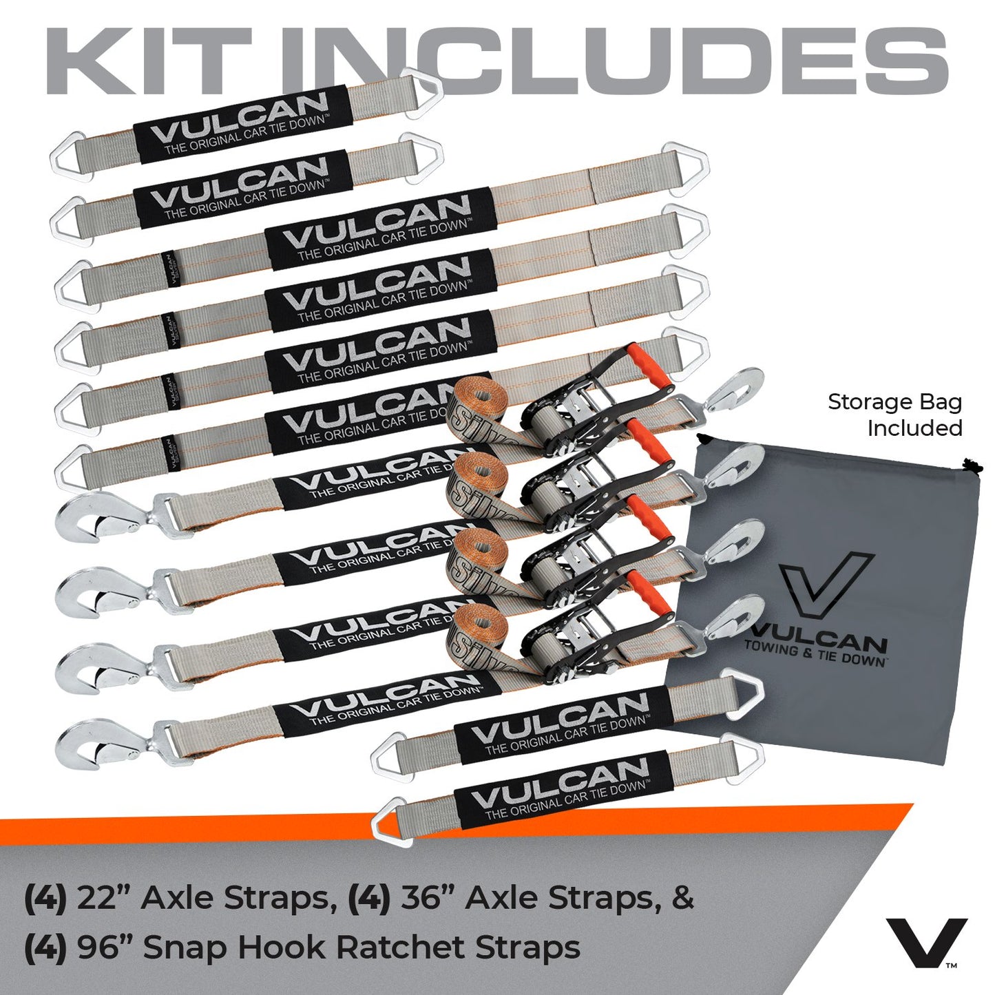 VULCAN Complete Axle Strap Tie Down Kits with Snap Hook Ratchet Straps - Include (4) 22 Inch Axle Straps, (4) 36 Inch Axle Straps, and (4) 8' Snap Hook Ratchet Straps