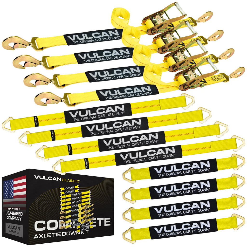 VULCAN Complete Axle Strap Tie Down Kits with Snap Hook Ratchet Straps - Include (4) 22 Inch Axle Straps, (4) 36 Inch Axle Straps, and (4) 8' Snap Hook Ratchet Straps