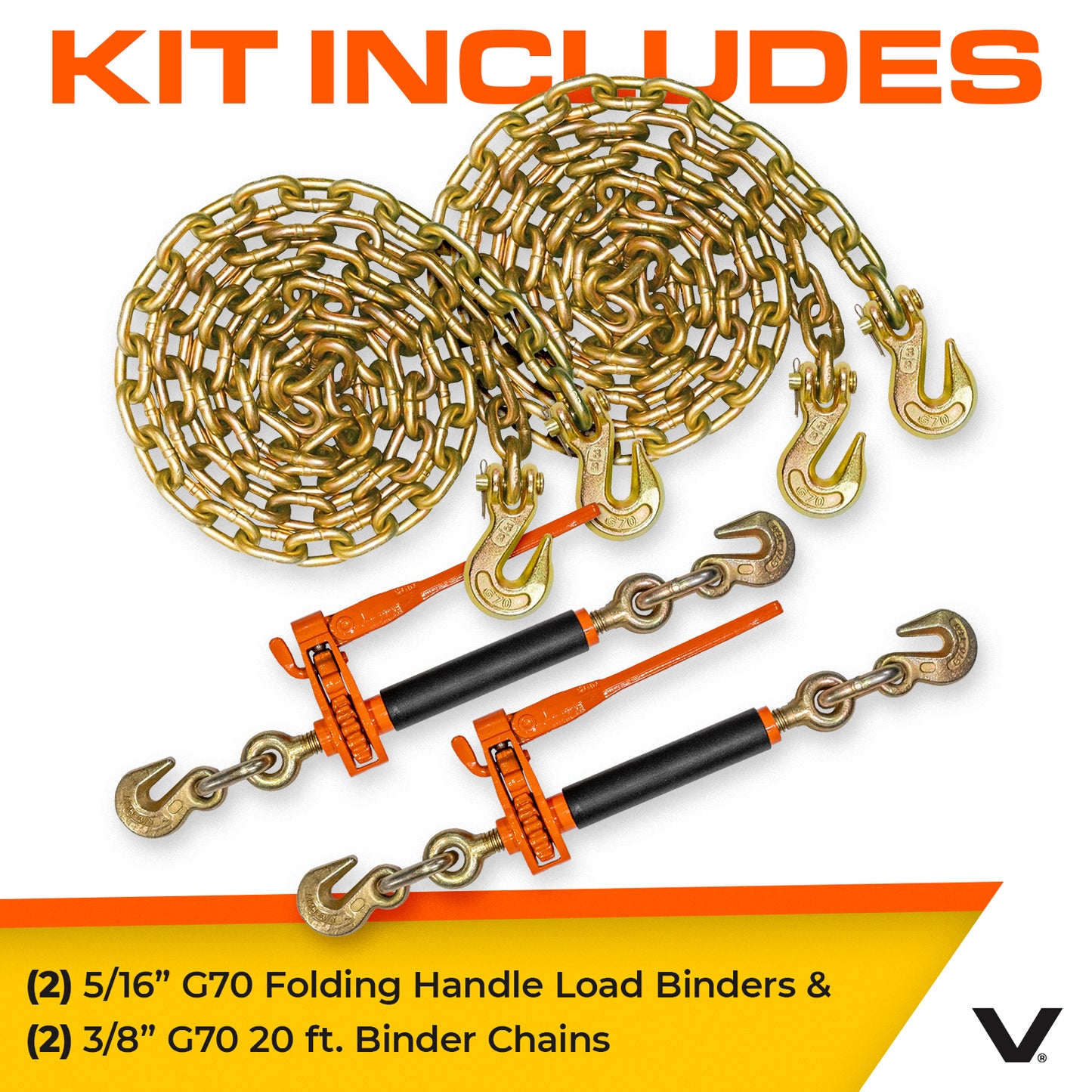 VULCAN Chain and Load Binder Kit - (2) Grade 70 3/8 Inch x 20 Foot Chains And (2) Folding Handle Load Binders - 4,700 Pound Safe Working Load