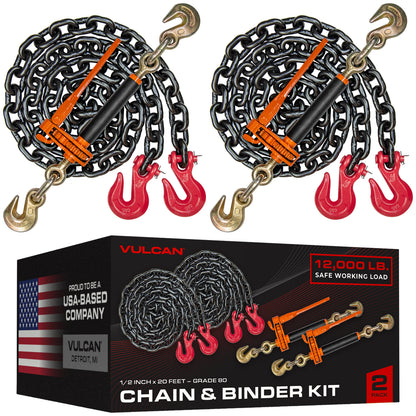 VULCAN Chain and Load Binder Kit - (2) Grade 80 1/2 Inch x 20 Foot Chains And (2) Folding Handle Load Binders - 48,000 Pound Safe Working Load