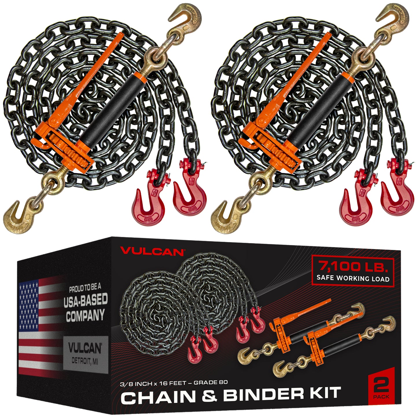 VULCAN Chain and Load Binder Kit - (2) Grade 80 3/8 Inch x 16 Foot Chains And (2) Folding Handle Load Binders - 7,100 Pound Safe Working Load