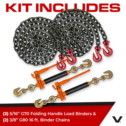 VULCAN Chain and Load Binder Kit - (2) Grade 80 3/8 Inch x 16 Foot Chains And (2) Folding Handle Load Binders - 7,100 Pound Safe Working Load