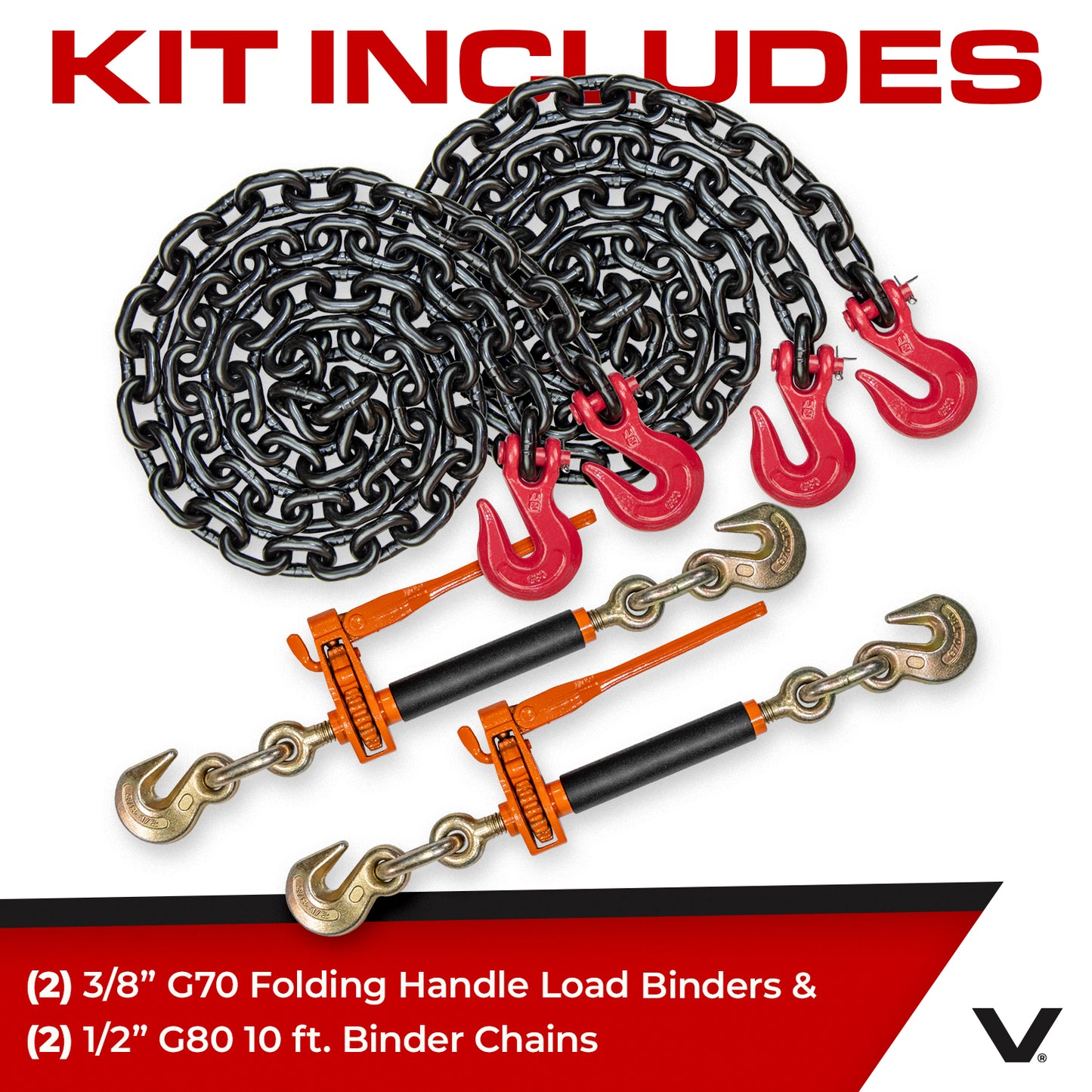 VULCAN Chain and Load Binder Kit - (2) Grade 80 1/2 Inch x 10 Foot Chains And (2) Folding Handle Load Binders - 48,000 Pound Safe Working Load