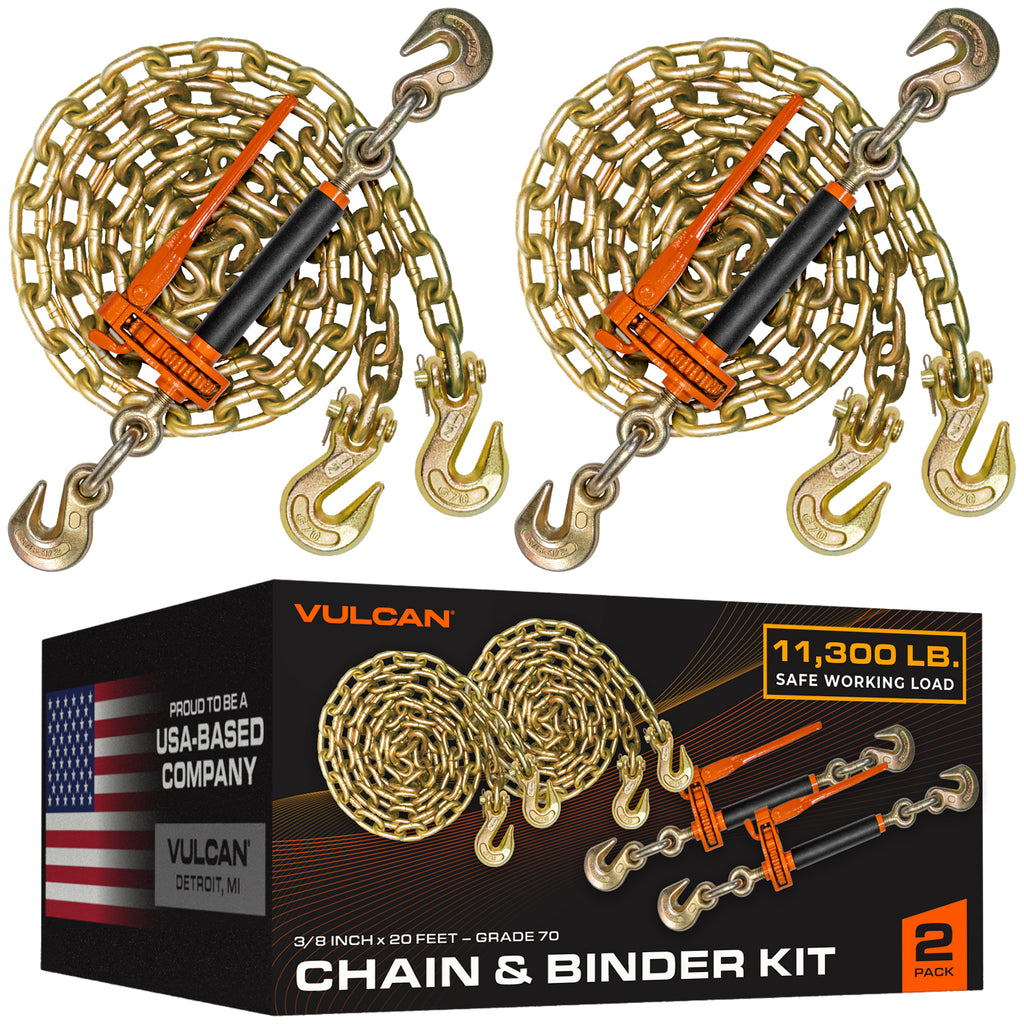 VULCAN Chain and Load Binder Kit - (2) Grade 70 1/2 Inch x 20 Foot Chains And (2) Folding Handle Load Binders - 9,200 Pound Safe Working Load