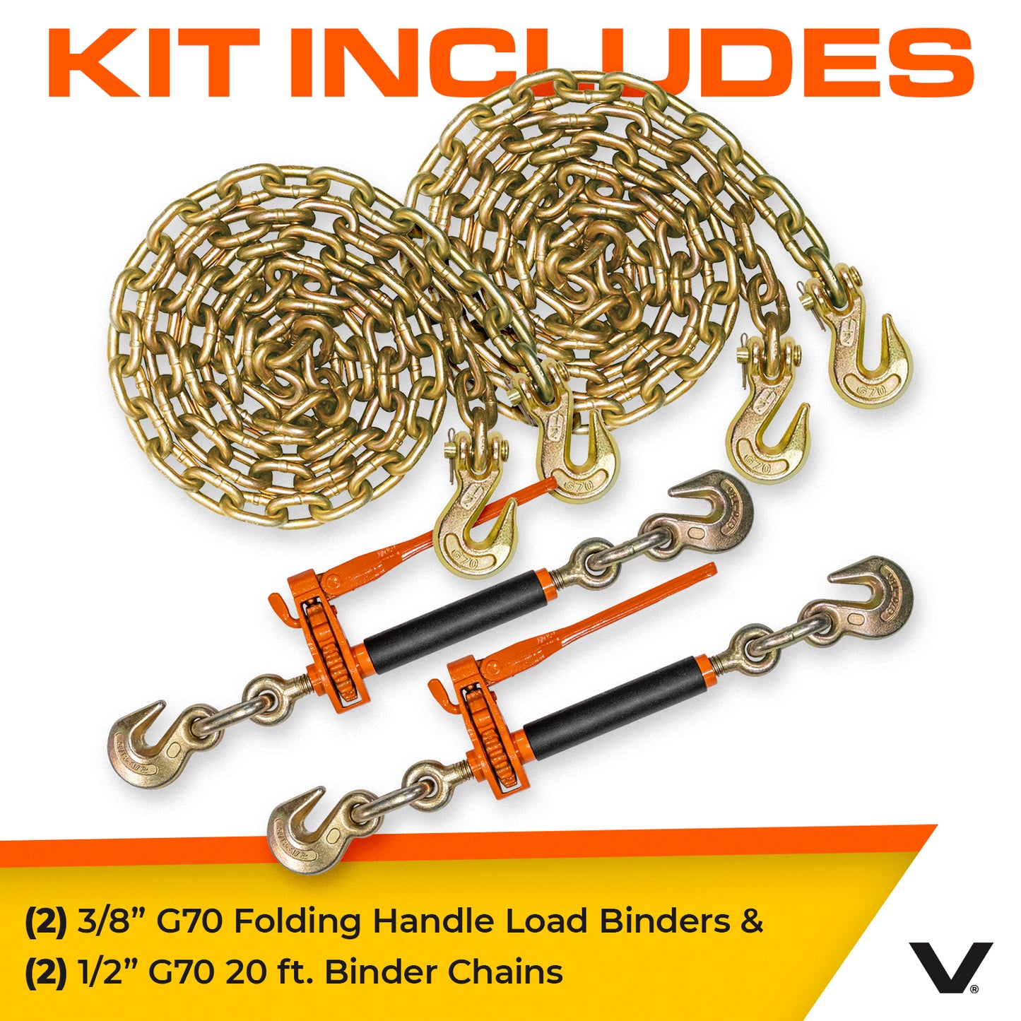 VULCAN Chain and Load Binder Kit - (2) Grade 70 1/2 Inch x 20 Foot Chains And (2) Folding Handle Load Binders - 9,200 Pound Safe Working Load