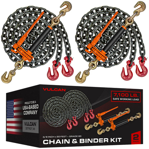 VULCAN Chain and Load Binder Kit - (2) Grade 80 3/8 Inch x 20 Foot Chains And (2) Folding Handle Load Binders - 7,100 Pound Safe Working Load