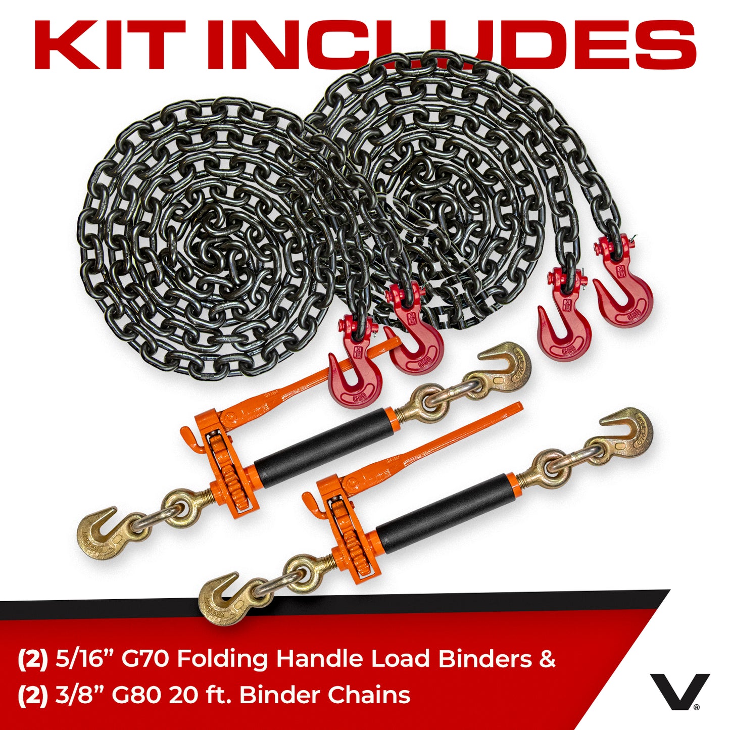 VULCAN Chain and Load Binder Kit - (2) Grade 80 3/8 Inch x 20 Foot Chains And (2) Folding Handle Load Binders - 7,100 Pound Safe Working Load