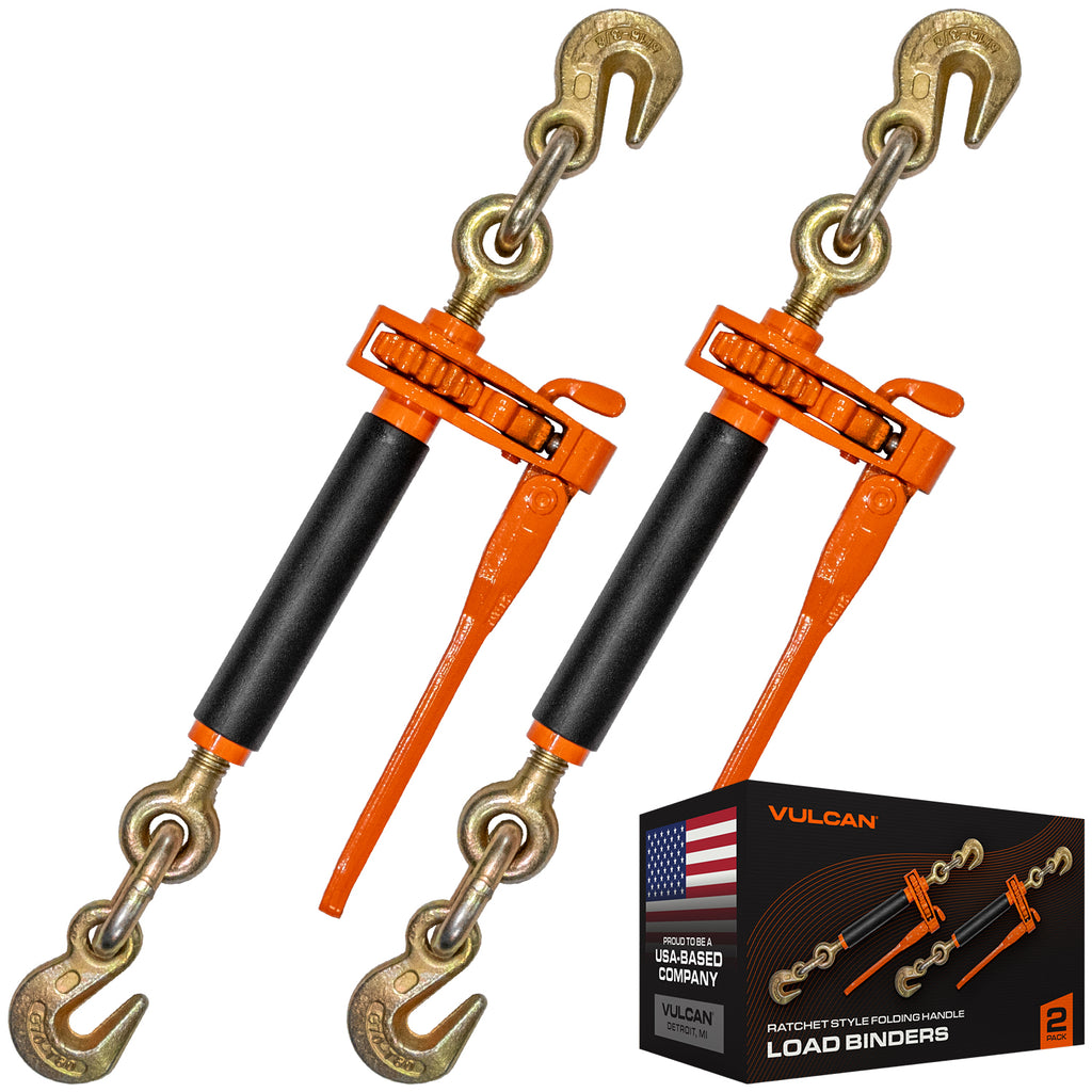 VULCAN Folding Handle Load Binder (Two Pack) with 2 Grab Hooks - Ratchet Style - 7100 Pound Safe Working Load (Works with 5/16 Inch or 3/8 Inch Grade 70 and Grade 80 Chain)