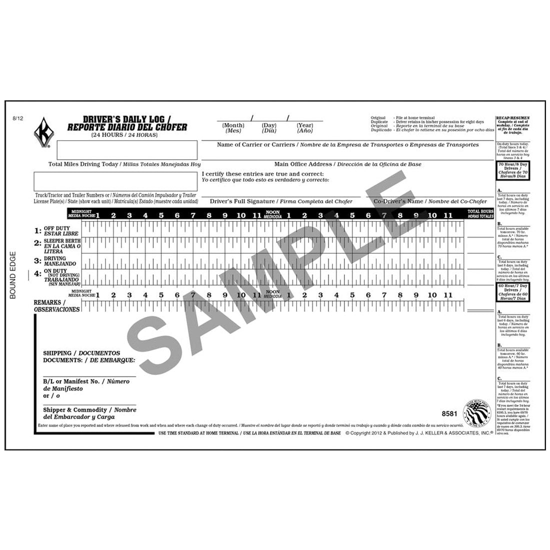 Bilingual Trucker's Daily Log Book - Single