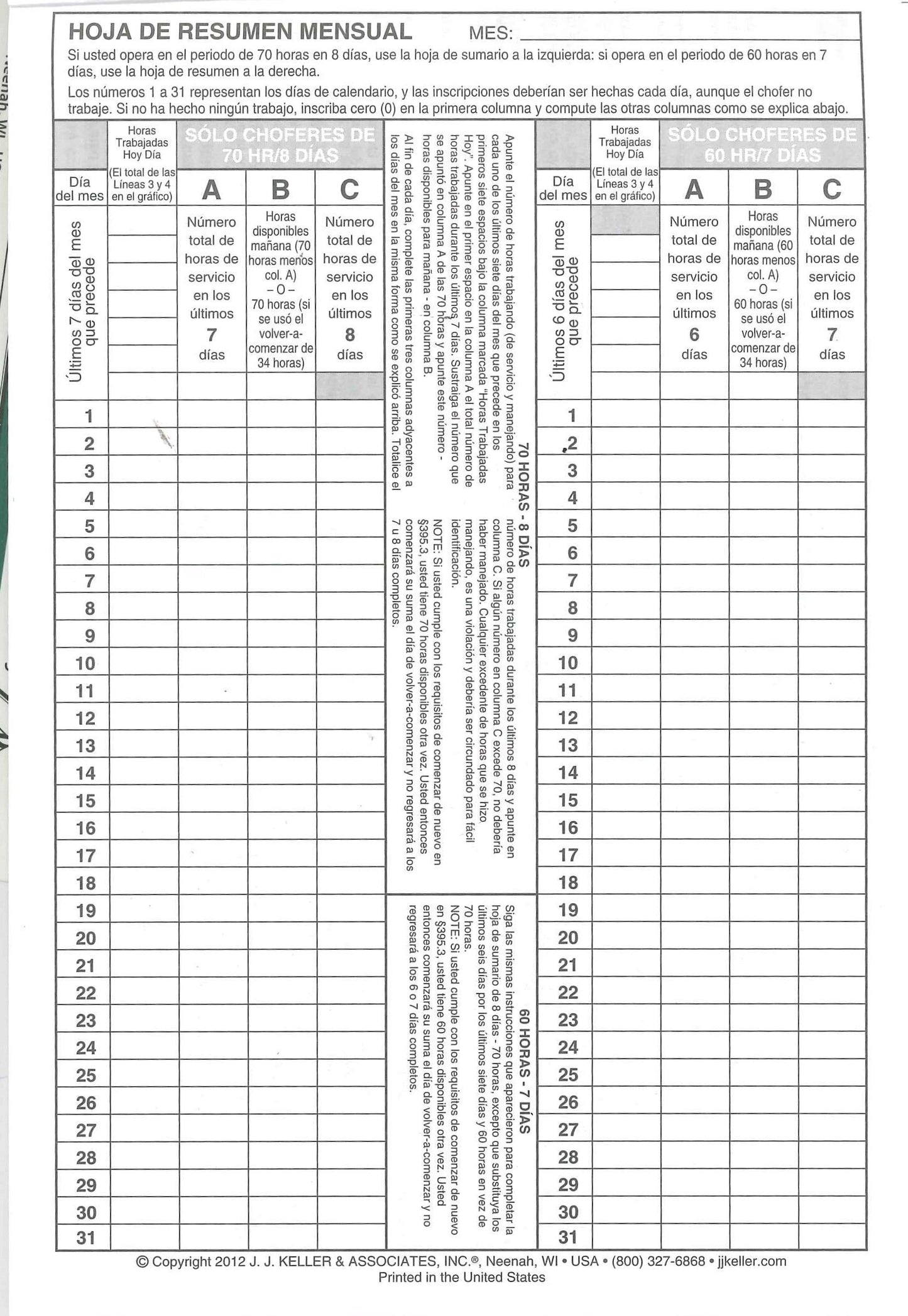 Bilingual Trucker's Daily Log Book - Single