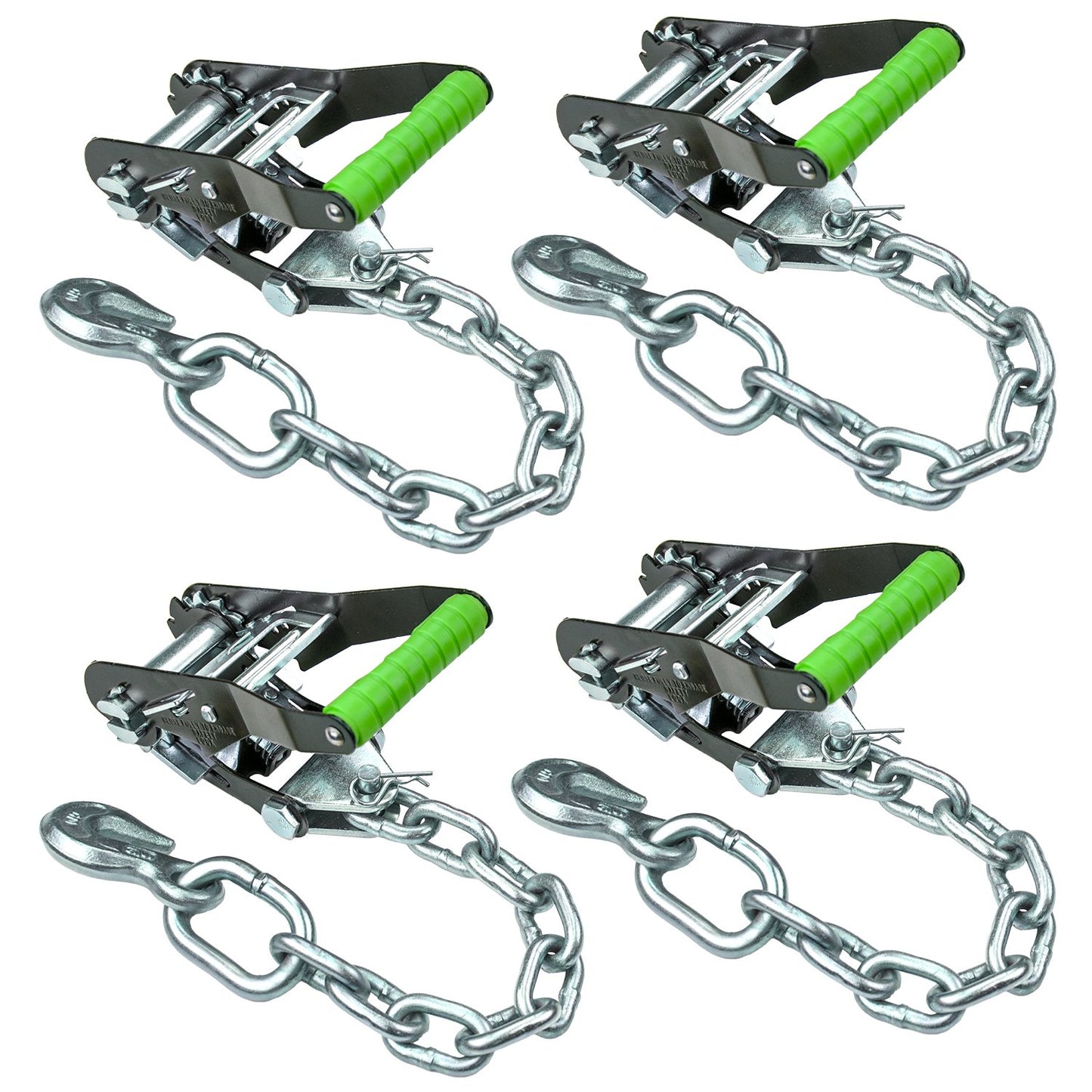 VULCAN Ratchet Buckle - 2 Inch Wide Handle - Chain Tail and Welded Grab Hook - 4 Pack - 3,300 Pound Safe Working Load