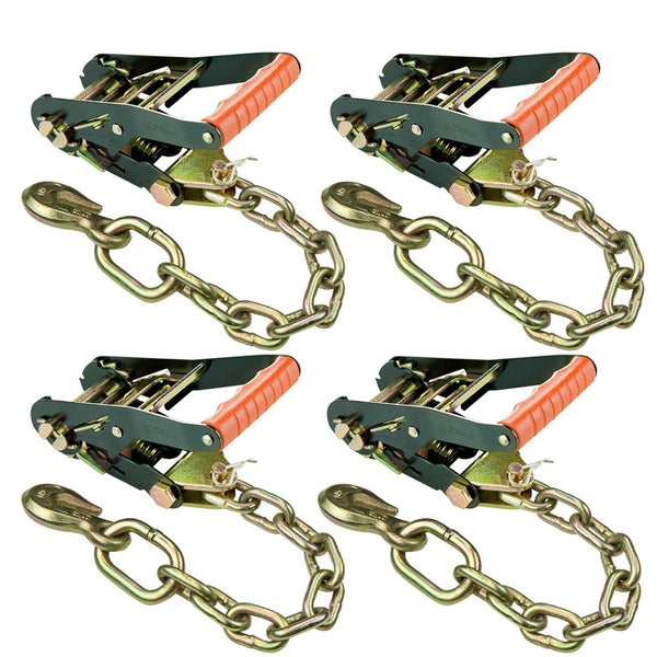 VULCAN Ratchet Buckle - 2 Inch Wide Handle - Chain Tail and Welded Grab Hook - 4 Pack - 3,300 Pound Safe Working Load