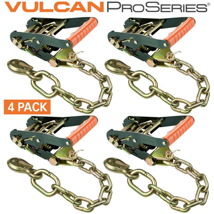 VULCAN Ratchet Buckle - 2 Inch Wide Handle - Chain Tail and Welded Grab Hook - 4 Pack - 3,300 Pound Safe Working Load