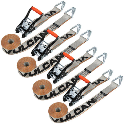 VULCAN Ratchet Straps with Wire J Hooks - 2 Inch x 15 Foot, 4 Pack - 3,300 Pound Safe Working Load