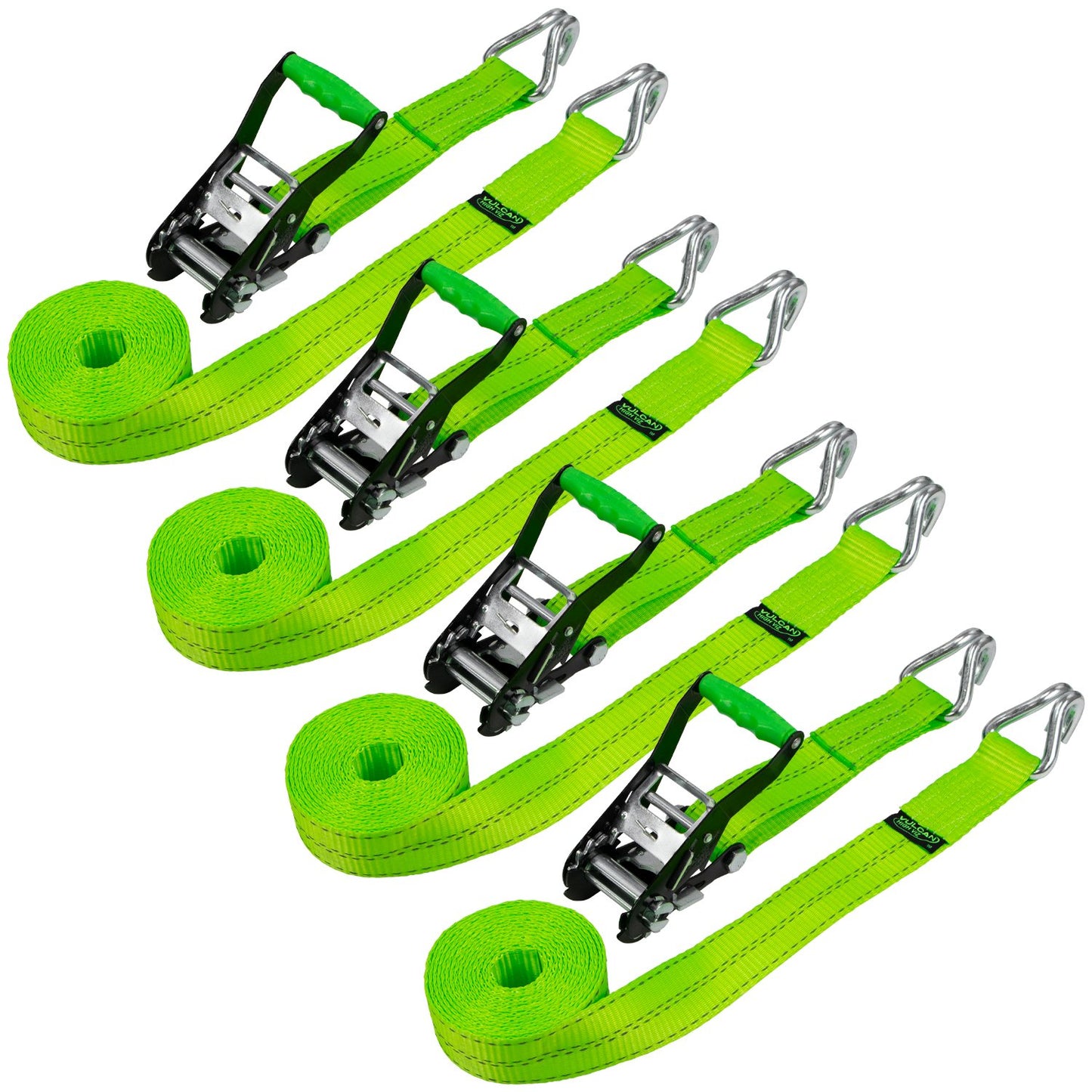 VULCAN Ratchet Straps with Wire J Hooks - 2 Inch x 15 Foot, 4 Pack - 3,300 Pound Safe Working Load