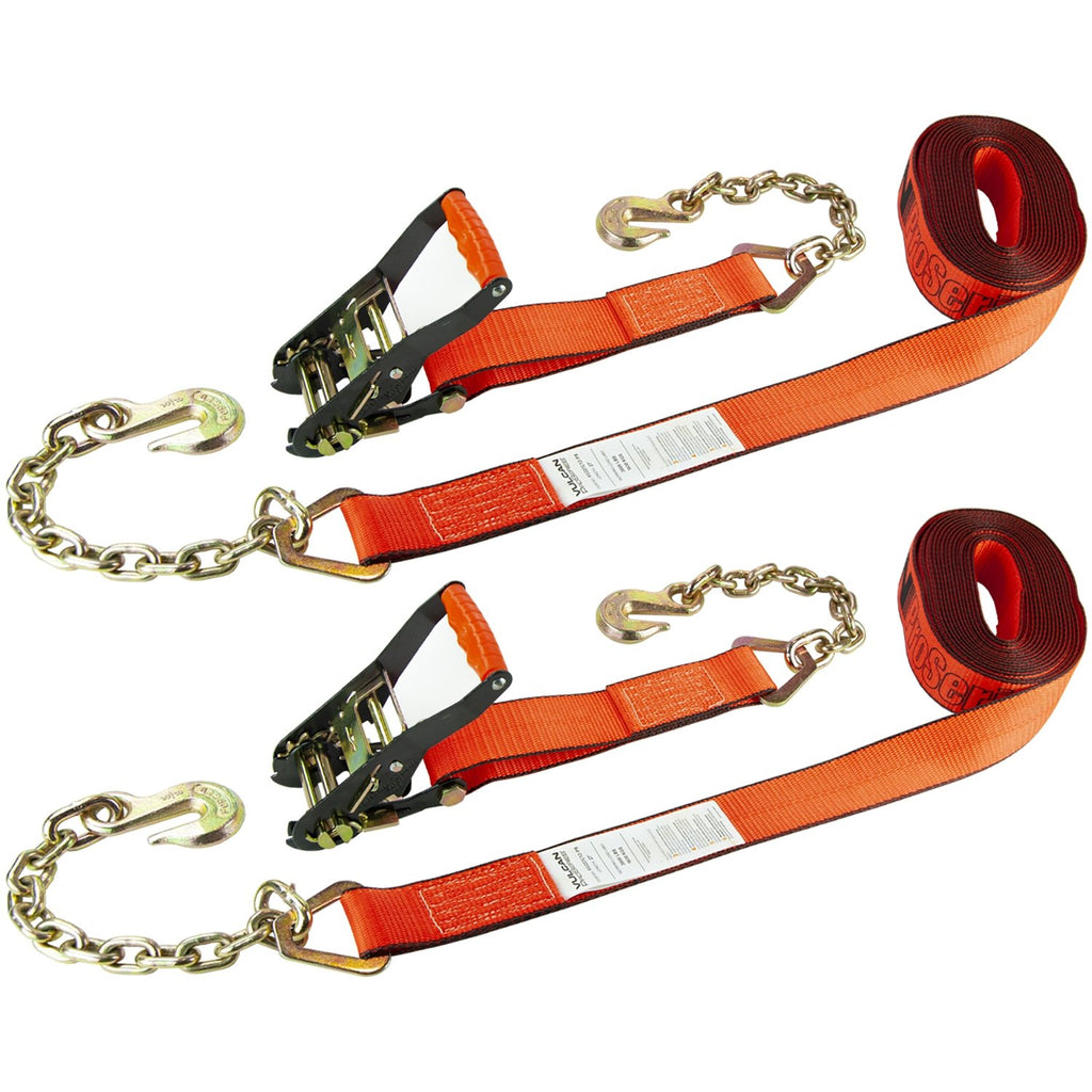 VULCAN Ratchet Strap with Chain Anchors - 2 Inch x 27 Foot, 2 Pack - 3,600 Pound Safe Working Load