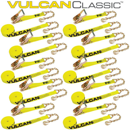 VULCAN Ratchet Strap with Chain Anchors - 2 Inch, 10 Pack - Classic Yellow - 3,600 Pound Safe Working Load