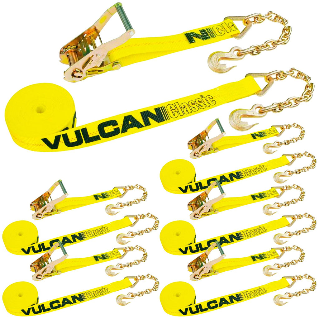 VULCAN Ratchet Strap with Chain Anchors - 2 Inch x 30 Foot - 6 Pack - Classic Yellow - 3,600 Pound Safe Working Load