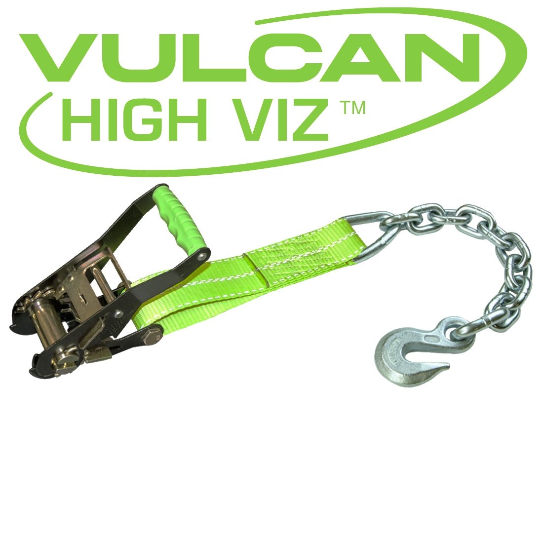 VULCAN 2 Inch Wide Handle Ratchet Buckle with Webbing and Chain Anchor - High-Viz - 3,600 Pound Safe Working Load