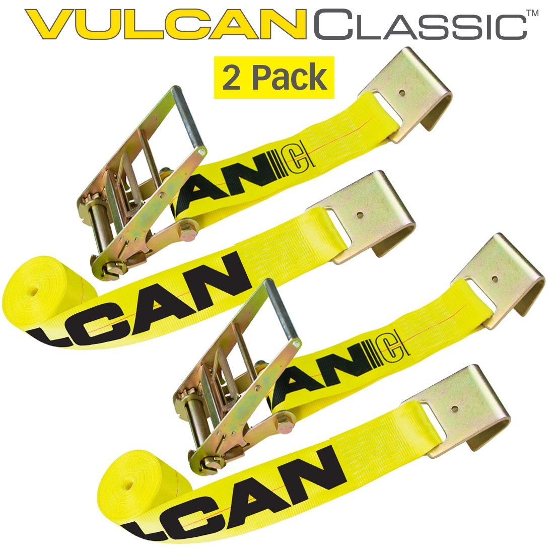 VULCAN Ratchet Strap with Flat Hooks - 4 Inch x 30 Foot, 2 Pack - Classic Yellow - 5,400 Pound Safe Working Load