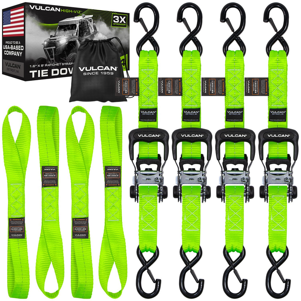 VULCAN Ratchet Strap Tie Down Kit - 1.6" x 8' - 3X Stronger Than 1" Tie Downs - Ratchets With Rubber Handles, (4) 8' Straps With Latching S-Hooks, (4) Soft Loop Tie-Down Extensions