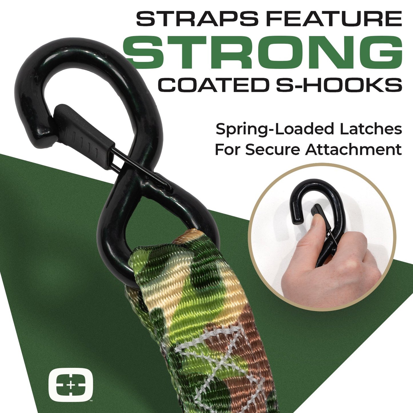 VULCAN Ratchet Strap Tie Down Kit - 1.6" x 8' - 3X Stronger Than 1" Tie Downs - Camouflage - (2) Ratchets With Rubber Handles, (2) 8' Straps With Latching S-Hooks, (2) Soft Loop Tie-Down Extensions