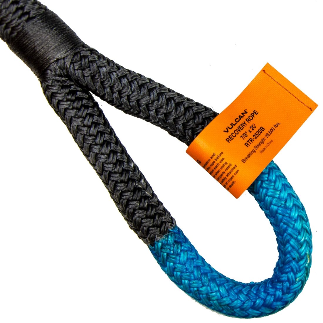 VULCAN Off-Road Recovery Rope - 7/8 Inch x 20 Foot - Blue Eyes - 28,600 Pound Breaking Strength - Includes Vented Storage Bag