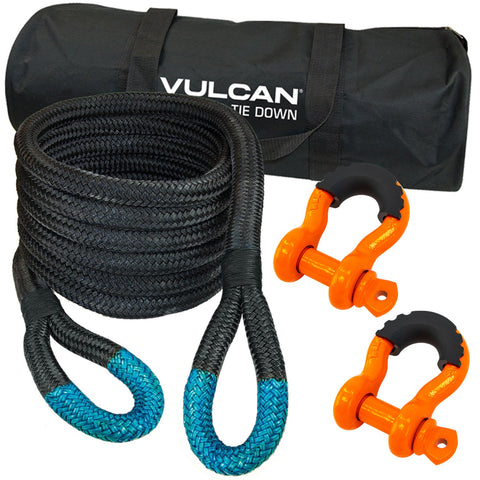 VULCAN Off-Road Double Braided Recovery Rope Kit with 7/8 Inch x 20 Foot Rope - Two Shackles and Vented Storage Bag - 28,600 Lbs. Breaking Strength - Blue - Black