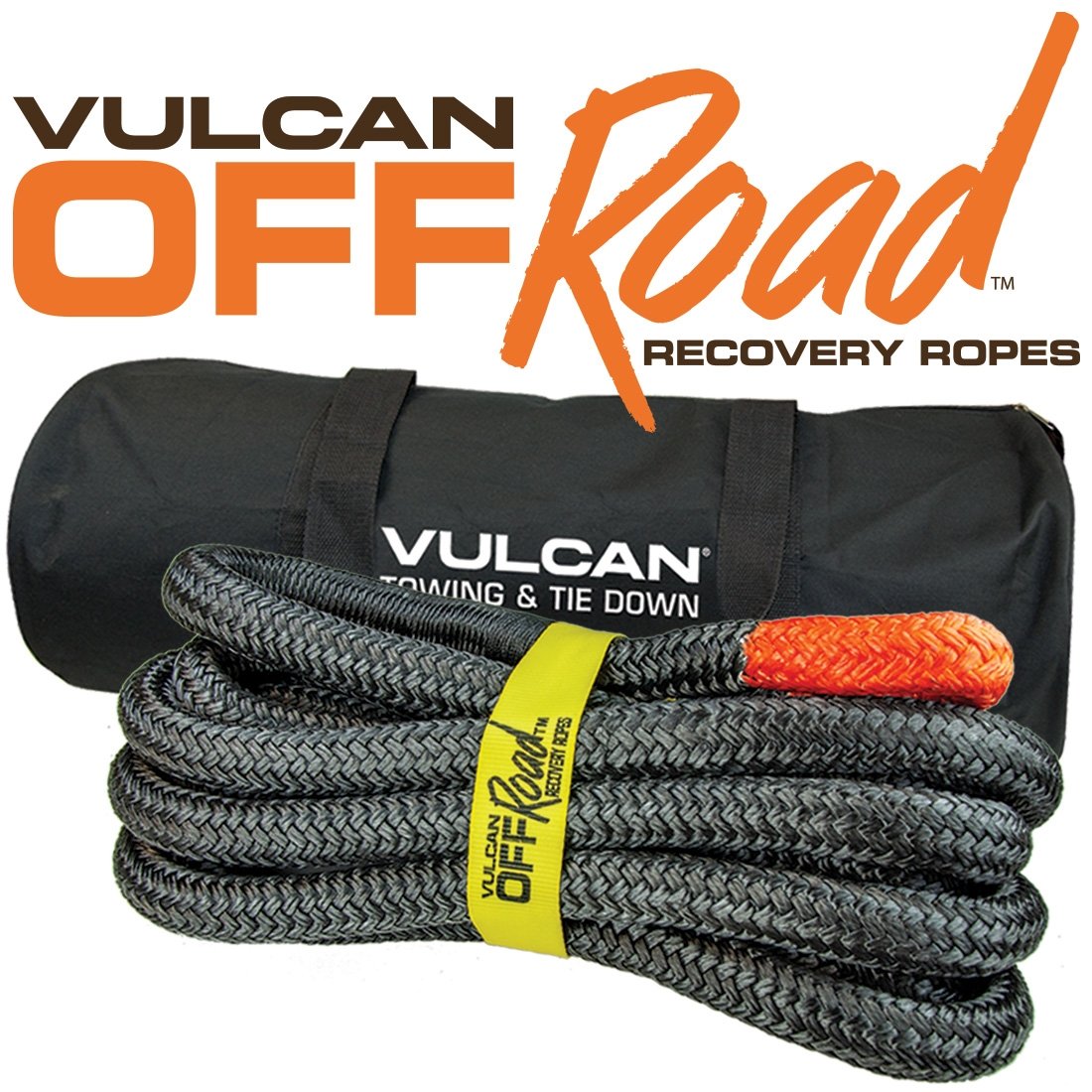 VULCAN Off-Road Recovery Rope - 1-1/4 Inch x 30 Foot - Orange Eyes - 52,300 Pound Breaking Strength - Includes Vented Storage Bag